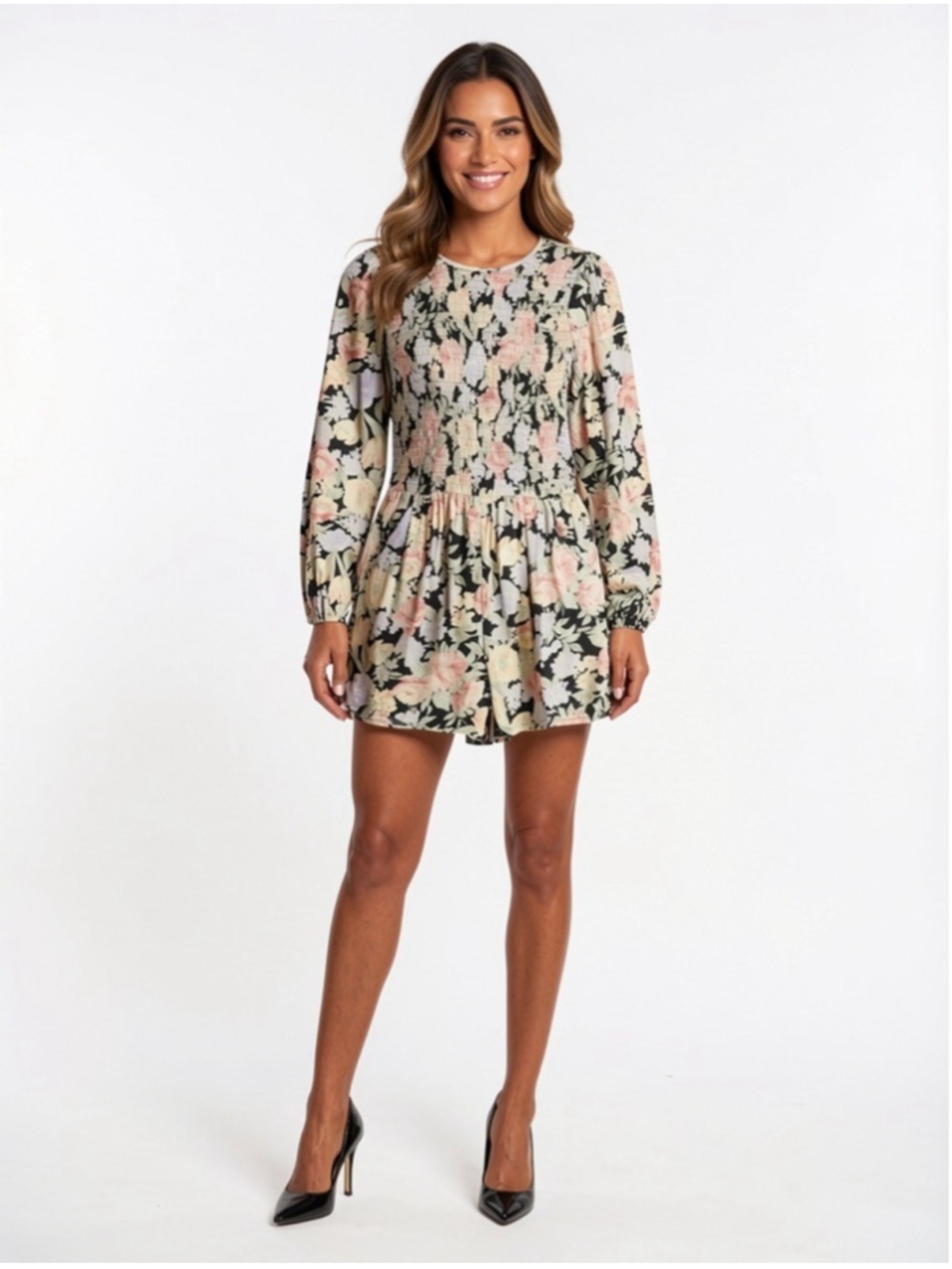 American Eagle AE Long-Sleeve Smocked Romper Floral Women's Multi XL